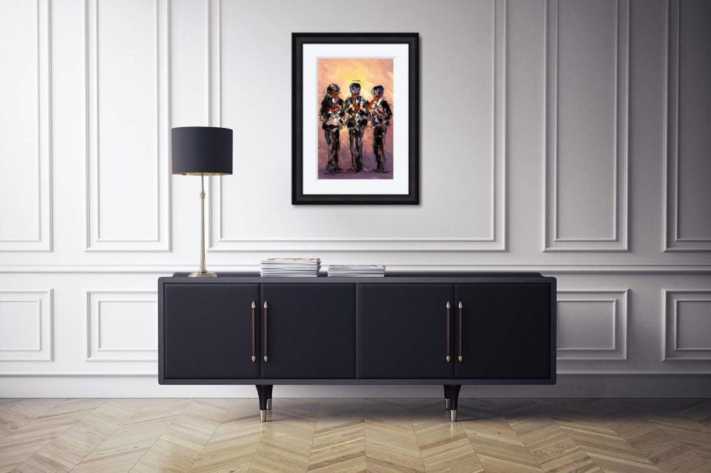 Three's A Crowd Print (Large) In Black Frame In Room